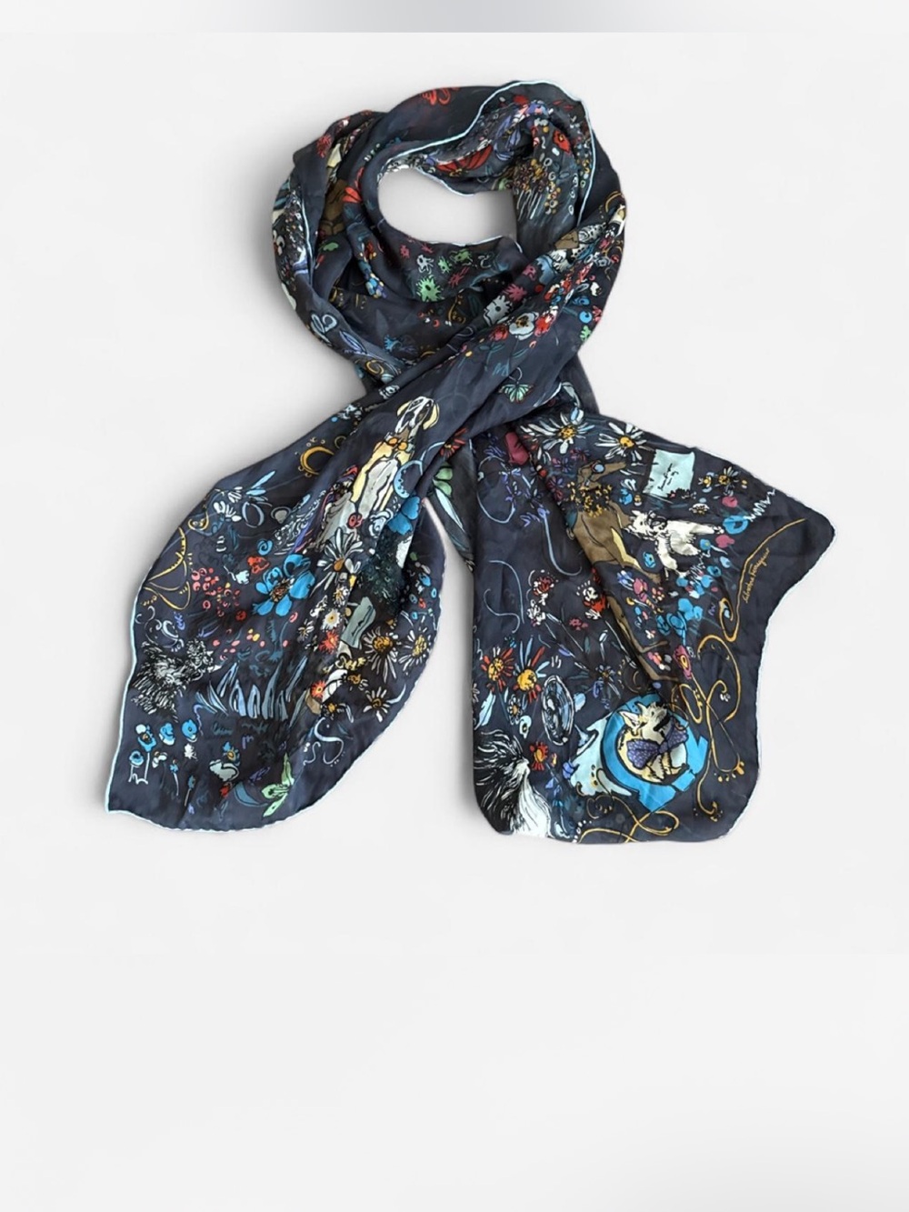 Salvatore Ferragamo silk scarf whimsical dog floral old money quiet luxury chic